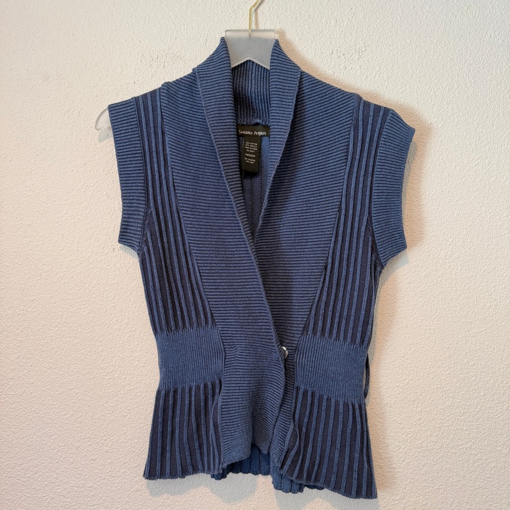 Sweater Project Blue Ribbed Sleeveless Cardigan Shawl Collar Button Medium